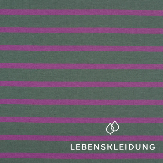 Organic stretch jersey fabric - wide stripes - Vintage Green-Soft Grape – Detail view