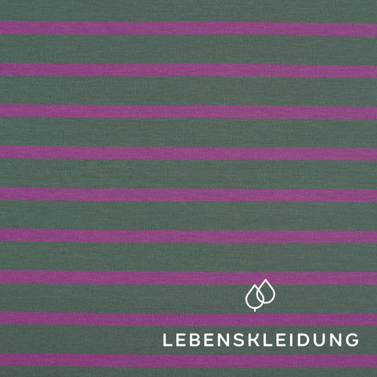 Organic stretch jersey fabric - wide stripes - vintage green-soft grape sample – Detail view