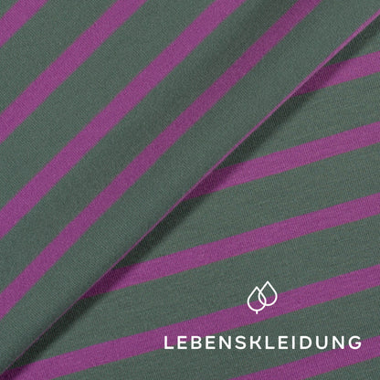 Bio Stretch Jersey Stoff - breit gestreift - Vintage Green-Soft Grape