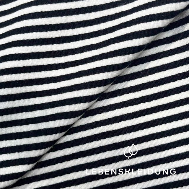 Organic Stretch Jersey fabric - small striped Offwhite/Navy
